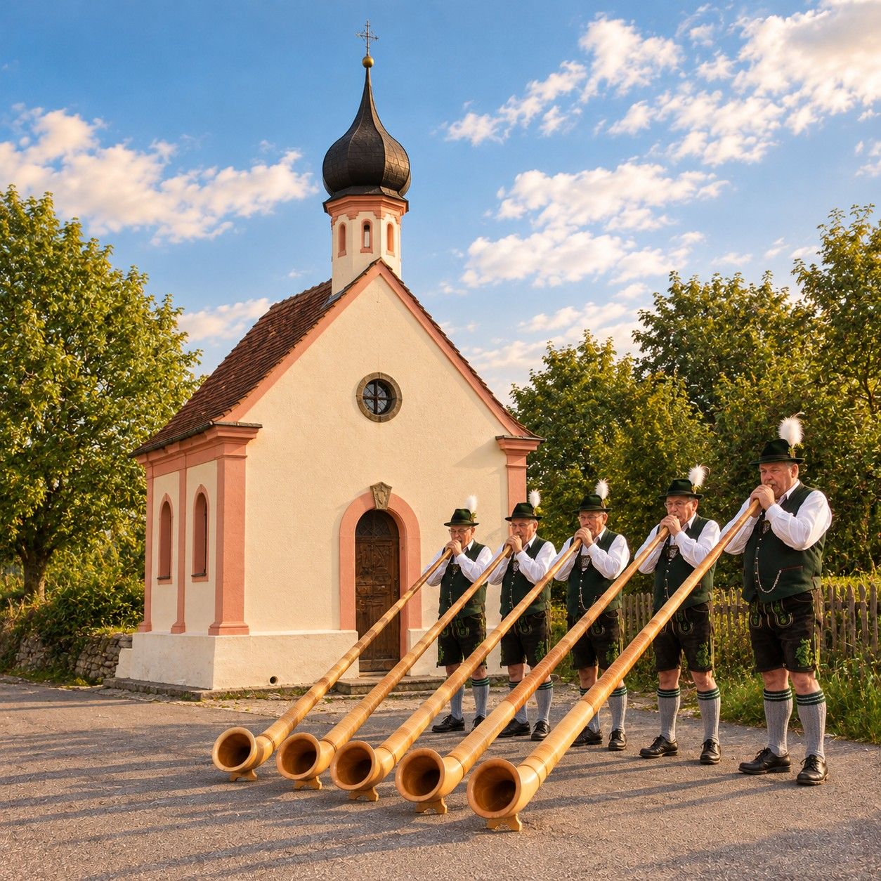 Alphornbläser in Tracht vor der Hofkapelle Maria Hilf