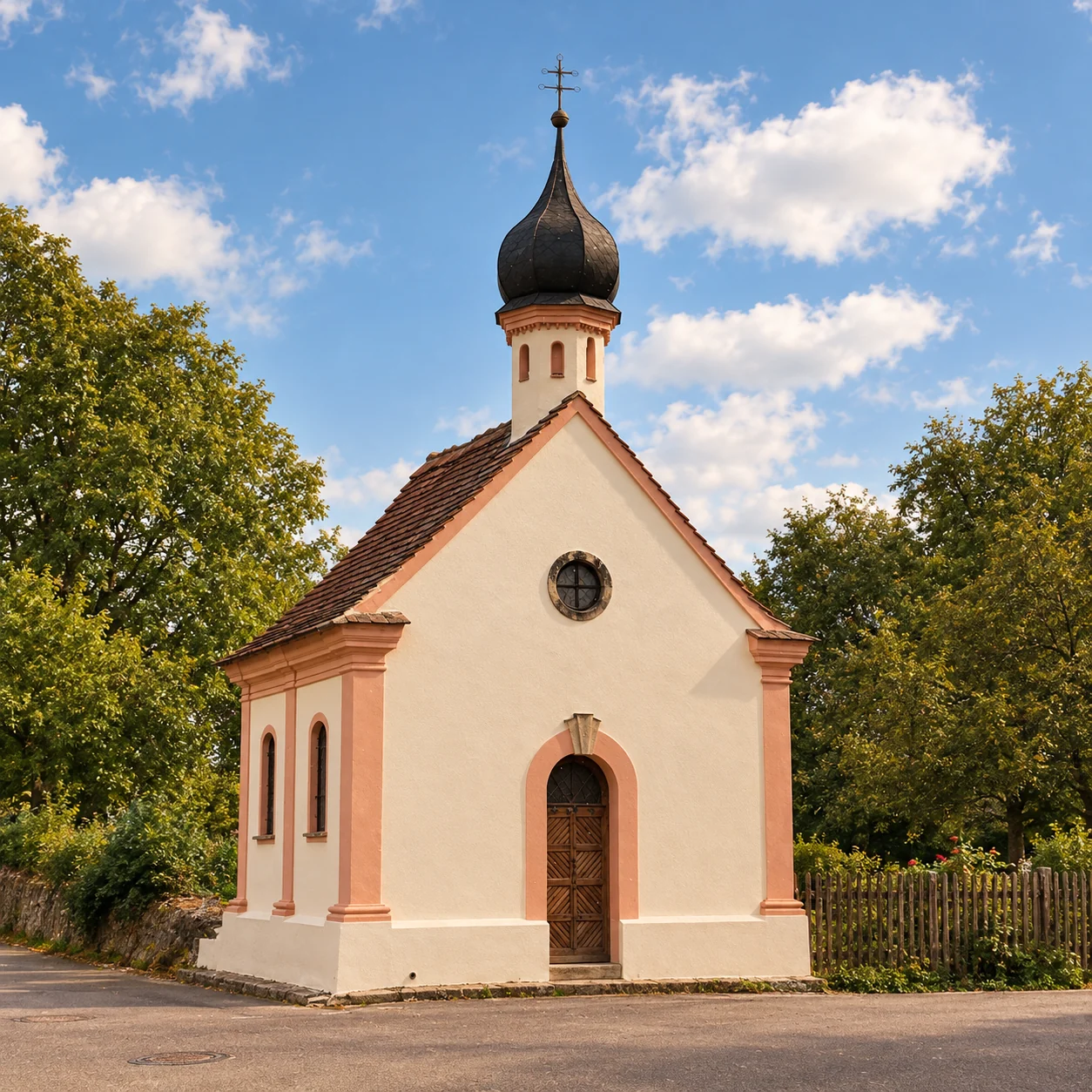 Hofkapelle Maria Hilf in Riederau: barocke Kapelle mit Zwiebelturm, rosa Lisenen und Holztür
