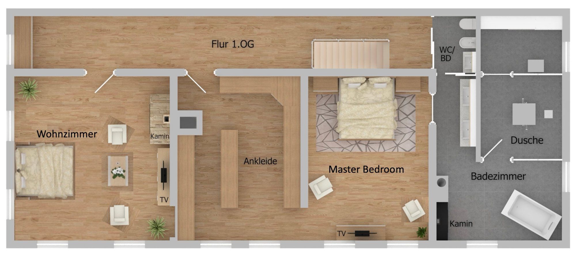 Raumplan 1. Obergeschoss: Wohnzimmer mit Kamin, Ankleide, Master Bedroom und Bad mit Wanne am Kamin