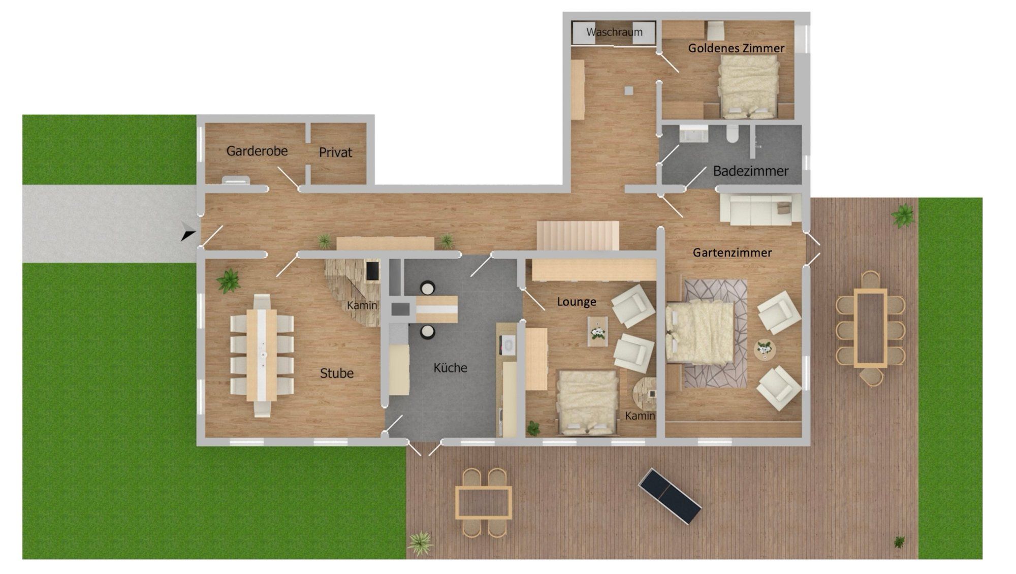 Raumplan Erdgeschoss: Stube, Küche, Lounge, Gartenzimmer, Goldenes Zimmer, Bad und Terrassen
