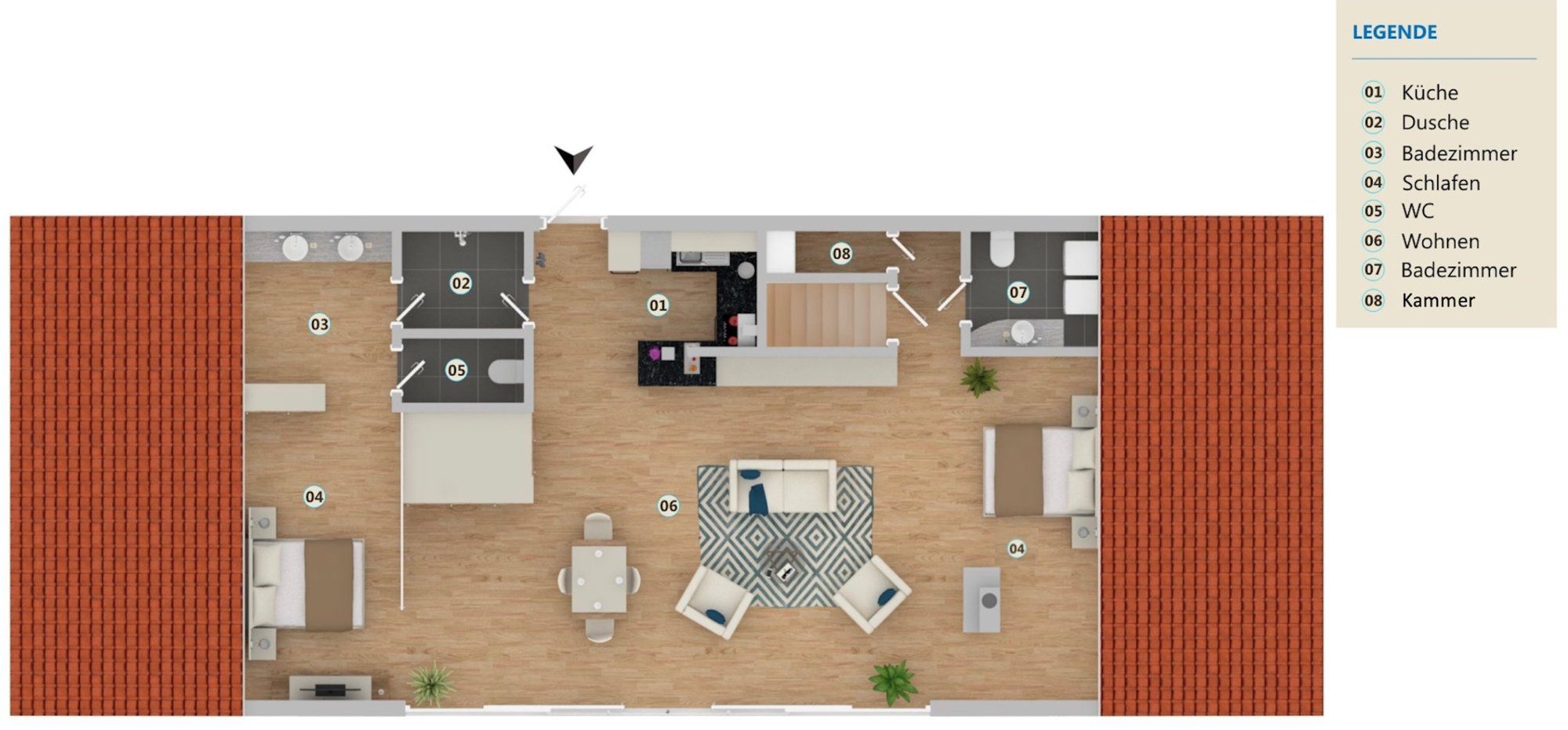 Raumplan Penthouse: offener Wohnraum mit Küche, zwei Schlafbereichen, zwei Bädern, WC und Kammer