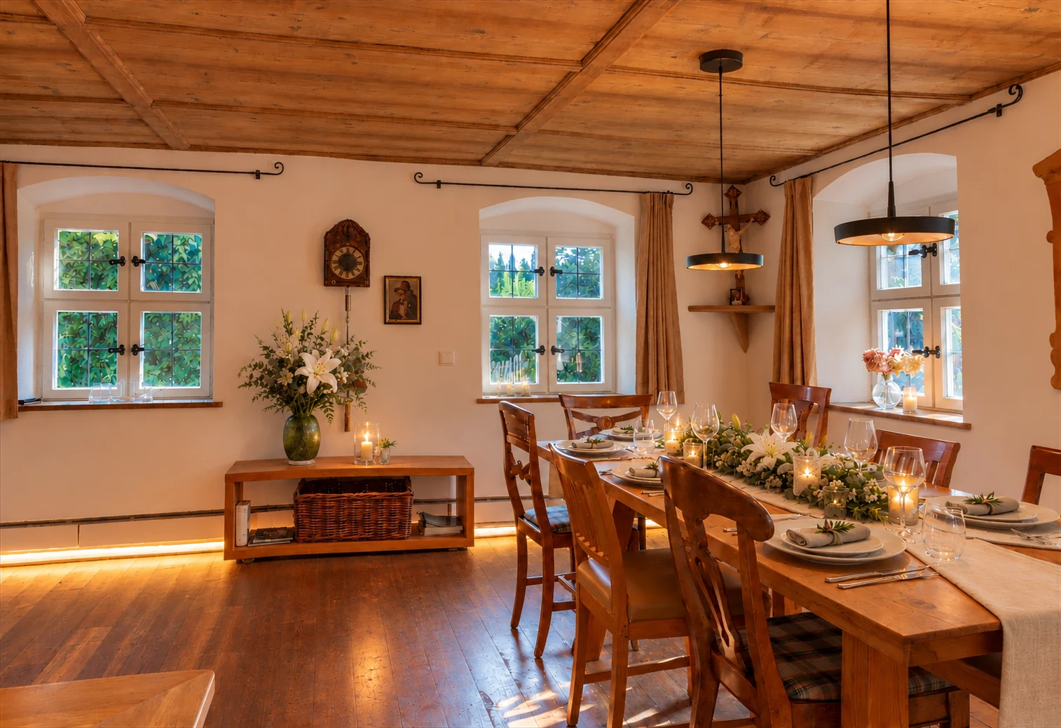 Farmhouse Stube with coffered ceiling, mullioned windows and a festively laid table